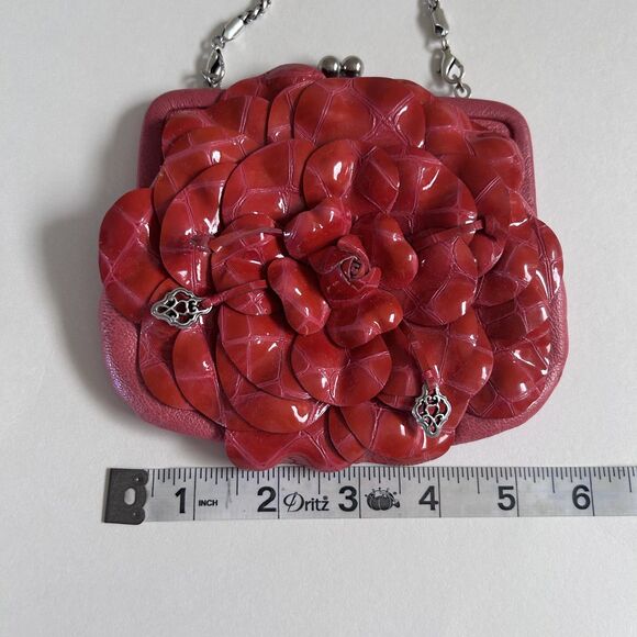 Brighton Rosalie Red Pink Patent Leather Flower Kiss Lock Crossbody Bag - Picture 9 of 13